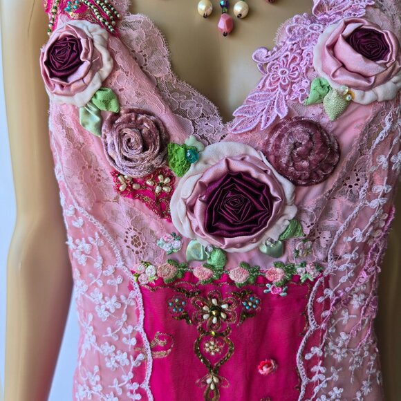 One-of-a-Kind Rose Garden Slip Dress - Vintage Lace & Embroidered Chiffon - Picture 7 of 11